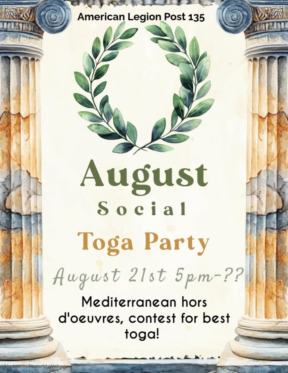Decorative event flyer with laurel wreath, “August Social Toga Party,” and columns framing Mediterranean hors d’oeuvres.